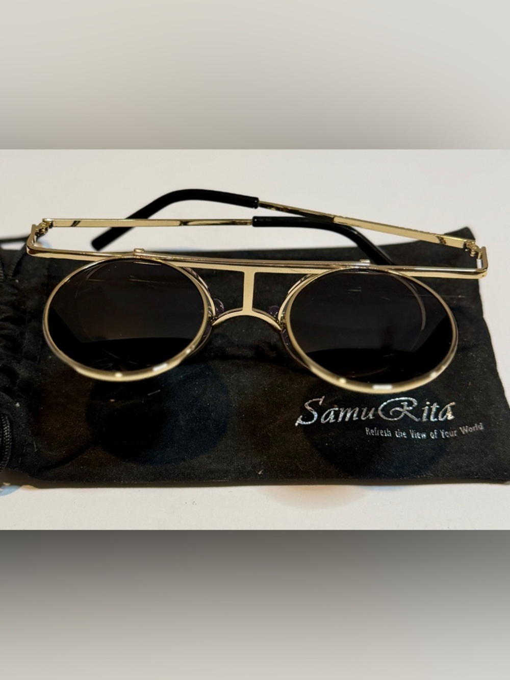 Steampunk Flip-Up Round Sunglasses Gold Frame w/Soft Bag - Picture 3 of 7